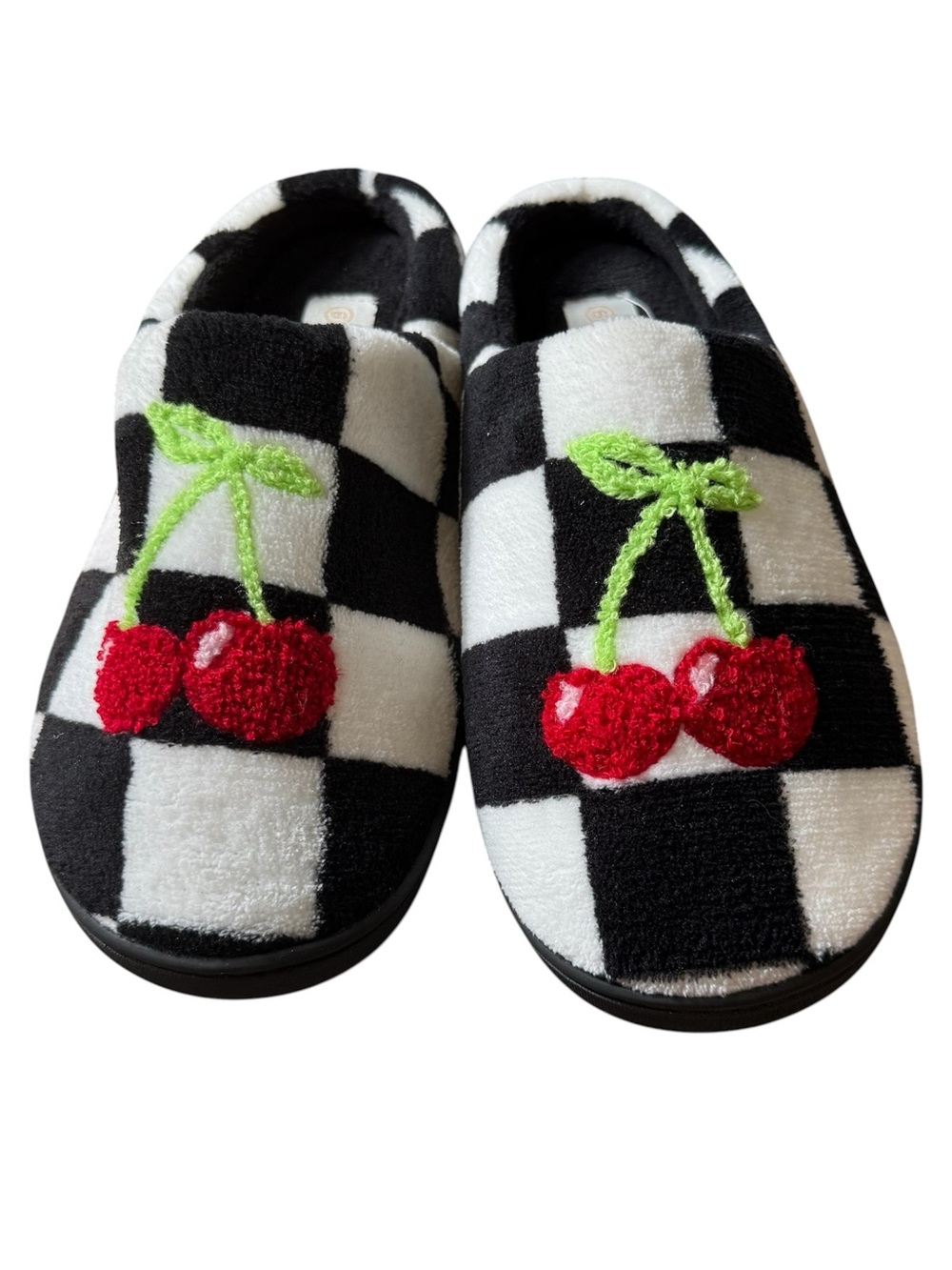 NWOT. Women’s Black & White Checkered Cherry Slippers size 9